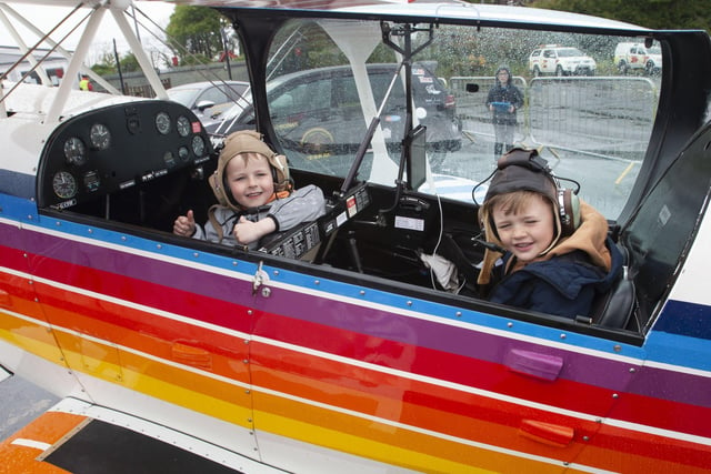 Young Ollie Warke and his friend all ready for take off at City of Derry Airport on Saturday morning during the Bear Run 74 VIP event.