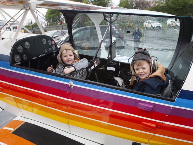 Young Ollie Warke and his friend all ready for take off at City of Derry Airport on Saturday morning during the Bear Run 74 VIP event.