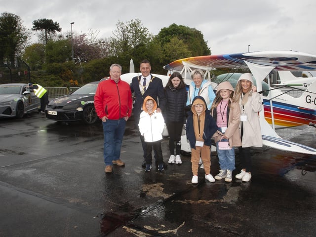 The Mayor and family pictured with ????? during Saturdayâ€TMs Bear Run 74 VIP event at City of Derry Airport.