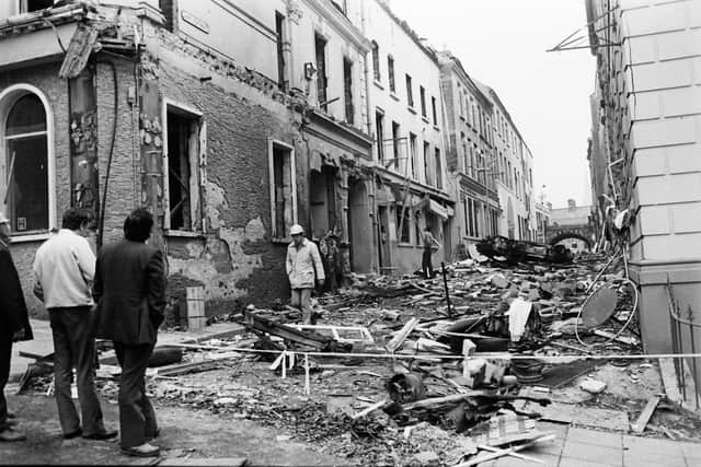 WRECKED... The aftermath of one of the many bombs which rocked Derry’s city centre during the Troubles.