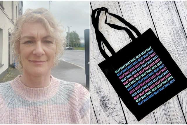 Sharon Doherty, left, with the BEAT bag. Sharon is sharing her experience of having ovarian cancer to highlight the symptoms and encourage others to get checked early.