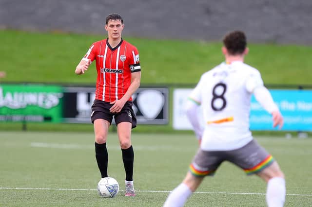 Eoin Toal calmly bringing the ball out from the back against Bohemians. Picture by Kevin Moore/MCI