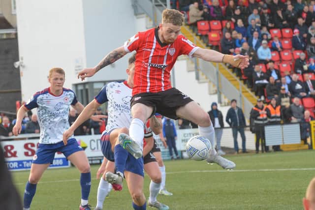 Derry City striker Jamie McGonigle pictured in action against St Pat's in the first half at the Ryan McBride Brandywell Stadium. Photograph by George Sweeney.