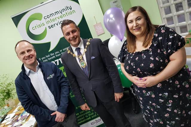 Mayor of Derry & Strabane, Alderman Graham Warke with (left) Dr Gavin Adams, Extern Director of Business Development, and Sarah Griffin, Manager of the CCIS project