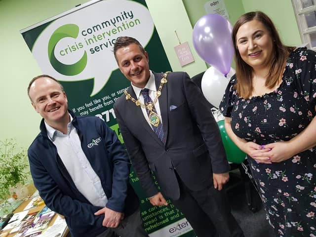 Mayor of Derry & Strabane, Alderman Graham Warke with (left) Dr Gavin Adams, Extern Director of Business Development, and Sarah Griffin, Manager of the CCIS project