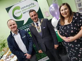 Mayor of Derry & Strabane, Alderman Graham Warke with (left) Dr Gavin Adams, Extern Director of Business Development, and Sarah Griffin, Manager of the CCIS project