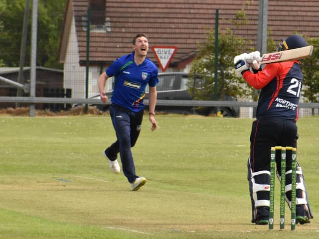Northern Knights' Paul Stirling skies NW Warriors Ryan Macbeth ball and is caught by wicket-keeper Stephen Doheny. Picture by Lawrence Moore