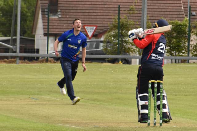 Northern Knights' Paul Stirling skies NW Warriors Ryan Macbeth ball and is caught by wicket-keeper Stephen Doheny. Picture by Lawrence Moore