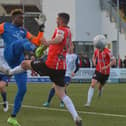 Danny Lafferty is beaten to the ball by St Pat’s keeper Joe Anang during Monday’s scoreless draw at Brandywell.