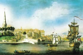 An artist’s impression of Derry as it looked in 1790 prior to the development of the first bridge across the Foyle which was completed in 1791.