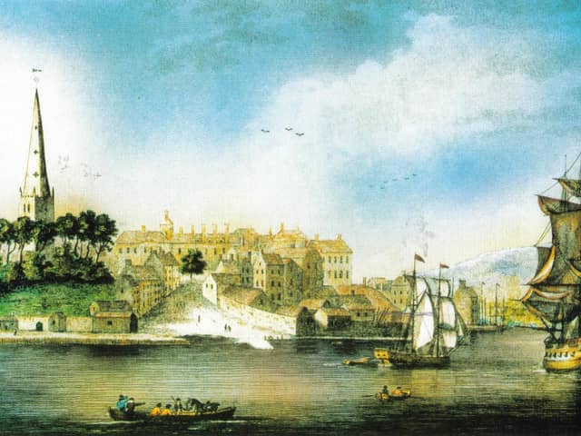 An artist’s impression of Derry as it looked in 1790 prior to the development of the first bridge across the Foyle which was completed in 1791.
