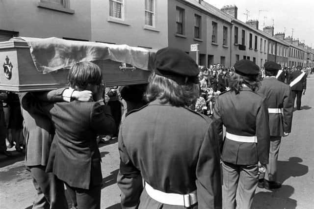 The remains of IRA Volunteer John Starrs being carried through the Bogside following his shooting in May, 1972.