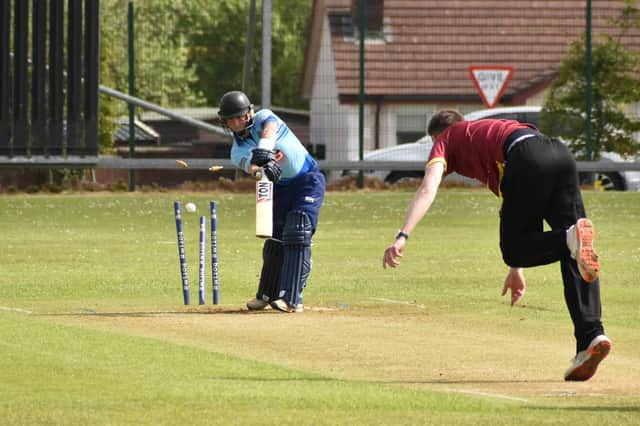 Glendermott's Alan Johnson is bowled by Conor Olphert in Bready's senior cup win. Picture by Lawrence Moore