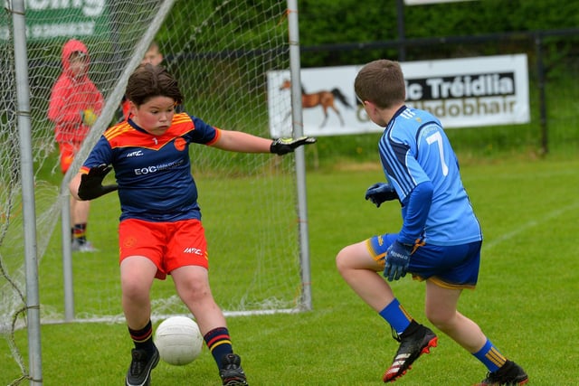 Hollybush ‘A’ score a goal against Steelstown in the Steelstown Schools Cup, at Páirc Brid. P
