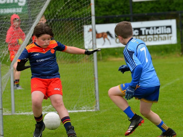 Hollybush ‘A’ score a goal against Steelstown in the Steelstown Schools Cup, at Páirc Brid. P