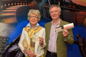 Anne and Philip Robertson pictured with a Loganair Excess Baggage Ticket and Boarding Ticket from a flight from Glasgow to City of Derry airport in 1979. Photo: George Sweeney.  DER2220GS – 023