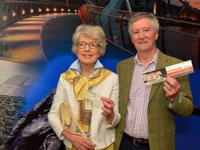 Anne and Philip Robertson pictured with a Loganair Excess Baggage Ticket and Boarding Ticket from a flight from Glasgow to City of Derry airport in 1979. Photo: George Sweeney.  DER2220GS – 023