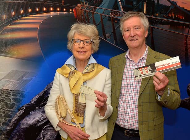 Anne and Philip Robertson pictured with a Loganair Excess Baggage Ticket and Boarding Ticket from a flight from Glasgow to City of Derry airport in 1979. Photo: George Sweeney.  DER2220GS – 023