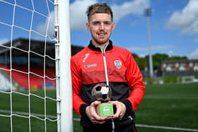 Derry City's Jamie McGonigle receives the SSE Airtricity/SWI Player of the Month for April  at The Ryan McBride Brandywell Stadium. Picture by Ramsey Cardy/Sportsfile