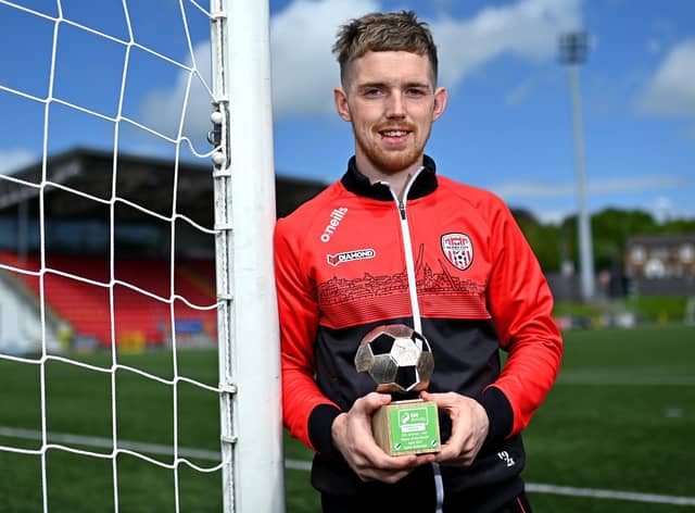 Derry City's Jamie McGonigle receives the SSE Airtricity/SWI Player of the Month for April  at The Ryan McBride Brandywell Stadium. Picture by Ramsey Cardy/Sportsfile