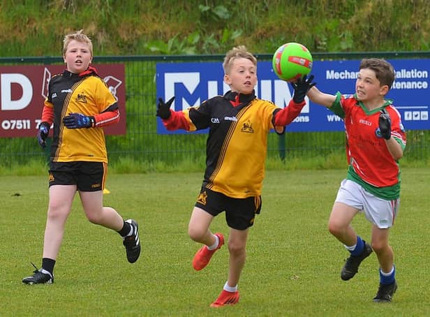 Glendermott in action against Sacred Heart ‘A’ in the recent Doire Trasna Schools Cup competition. Picture by George Sweeney.