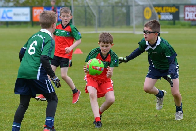 Chapel Road in action against Good Shepherd in the recent Doire Trasna Schools Cup competition. Picture by George Sweeney.