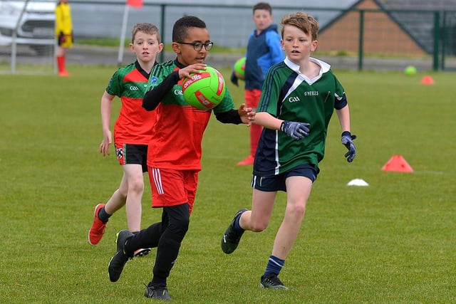Chapel Road take on Good Shepherd in the recent Doire Trasna Schools Cup competition. Picture by George Sweeney.