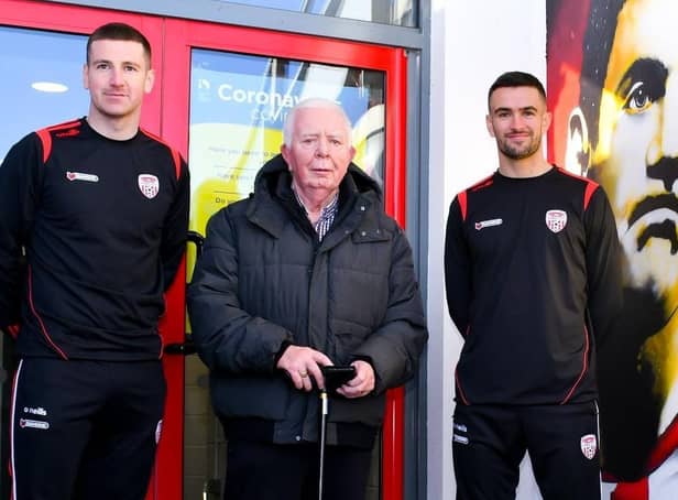 The late great Edgar McCormack pictured alongside Patrick McEleney and Michael Duffy on the day the pair re-joined the club earlier this year. Picture by Kevin Morrison/Event Images & Video