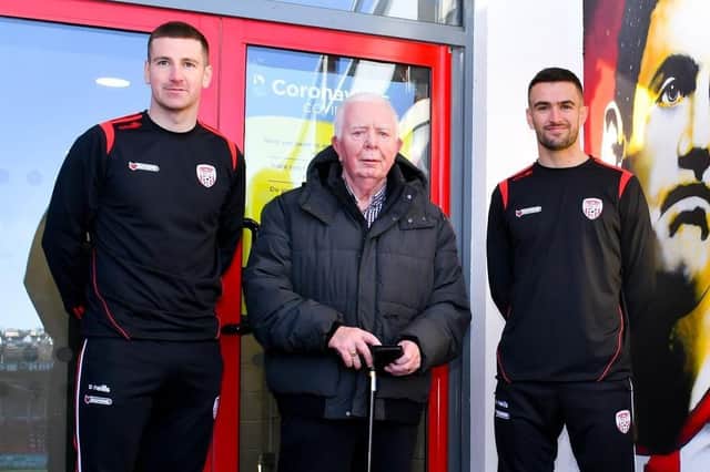 The late great Edgar McCormick pictured alongside Patrick McEleney and Michael Duffy on the day the pair re-joined the club earlier this year. Picture by Kevin Morrison/Event Images & Video