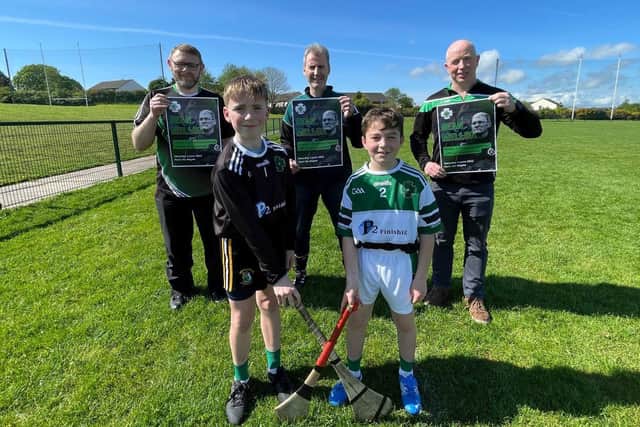 At back from left: Denis Doherty, Na Magha coach, Gerry Matthews, coach / Festival Co-ordinator and Ray Monaghan from Festival Sponsor, P2 Finishing with  young players are Ronan Matthews and Jayden Doherty at this week’s official launch of the inaugural Sean Mellon Under 11.5 years Hurling Festival to take place on June 4th.