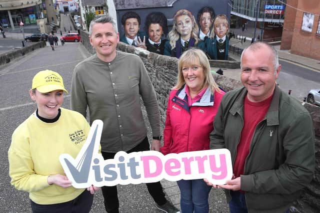 I'M A DERRY GIRL! The hit TV show, Derry Girls, may be ending after the third series but its legacy will live on in the place that inspired it with the creation of themed tours and food experiences to delight fans. Tour guides (l to r) Charlene McCrossan from Martin McCrossan City Tours, Fergal Doherty, Wild Atlantic Travel Co, Taste The North West, Derry Girls Food Tour, Maria McDermott from Visit Derry and Gleann Doherty, Derry Guided Tours.