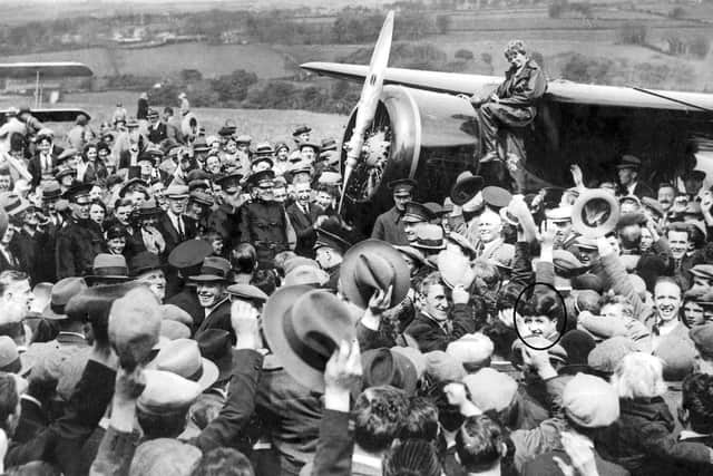 1932... A young Francis Coyle (circled and looking directly at camera) among the crowds who greeted Amelia Earhart when she landed at Ballyarnett.
