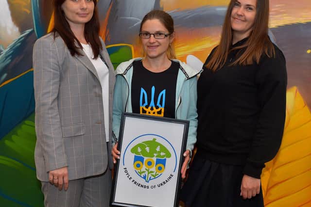 Ukrainian refugees Dr Marina Sukhorukova, Tania Norynchak and Dr Dina Diurba who are now working with Foyle Friends of Ukraine to help match more Ukranian refugees with people in Derry.. Photo: George Sweeney.  DER2220GS – 030