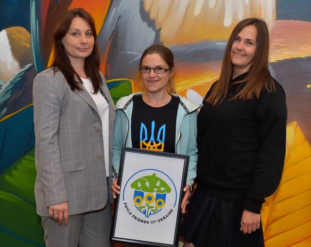Ukrainian refugees Dr Marina Sukhorukova, Tania Norynchak and Dr Dina Diurba who are now working with Foyle Friends of Ukraine to help match more Ukranian refugees with people in Derry.. Photo: George Sweeney.  DER2220GS – 030