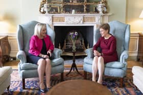 EDINBURGH, SCOTLAND - MAY 20: First Minister Nicola Sturgeon (R) and Sinn Fein Vice President Michelle O'Neill ahead of a meeting at Bute House on May 20, 2022 in Edinburgh, Scotland. O'Neill became the leader of the largest party in the Northern Ireland Assembly after recent elections. O'Neill and Sturgeon met to discuss areas of common ground including the cost of living crisis, the Northern Ireland Protocol and the formation of the new Northern Ireland Executive. (Photo by Jane Barlow - Pool / Getty Images)