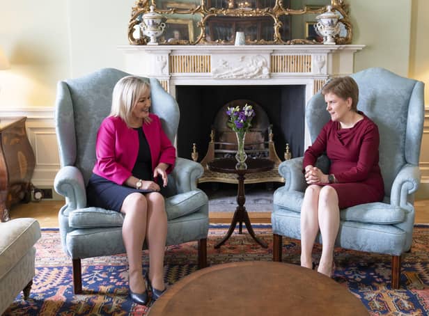 EDINBURGH, SCOTLAND - MAY 20: First Minister Nicola Sturgeon (R) and Sinn Fein Vice President Michelle O'Neill ahead of a meeting at Bute House on May 20, 2022 in Edinburgh, Scotland. O'Neill became the leader of the largest party in the Northern Ireland Assembly after recent elections. O'Neill and Sturgeon met to discuss areas of common ground including the cost of living crisis, the Northern Ireland Protocol and the formation of the new Northern Ireland Executive. (Photo by Jane Barlow - Pool / Getty Images)