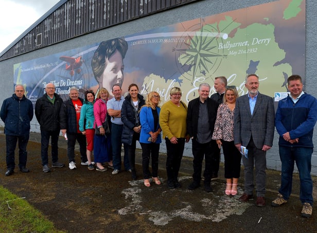 Group pictured at the unveiling of a mural commemorating the 90th Anniversary of the landing of Amelia Earhart in Derry on the gable wall of the Galliagh Spar (Co-Op) on Friday afternoon last. Included in the photograph are Ollie Green, Colr Maeve O’Neill, Mary Casey, Angela Askin, DSDC, Ciara Ferguson MLA, Colr Angela Dobbins, artist Joseph Campbell, Colr Sandra Duffy, Cathal Crumley, CRJ and Colr Conor Heaney.  Photo: George Sweeney.  DER2220GS – 065