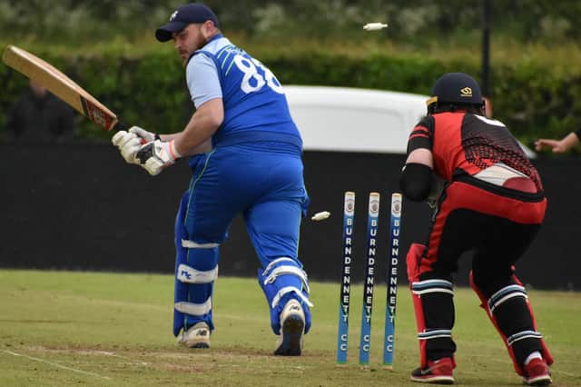 Burndennett's Aaron McDermott is bowled in Saturday's National Cup game. Picture by Lawrence Moore