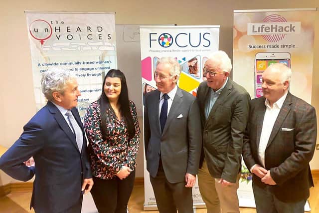 Pictured at Rath Mor on Wednesday are, from left, Paddy Harte, (IFI), Rachel Mullan (BBI Peace Walls), Rep. Richard Neal (US delegation chair), Conal McFeely (Creggan Enterprises), and Derek Moore (NW Cultural Partnership).
