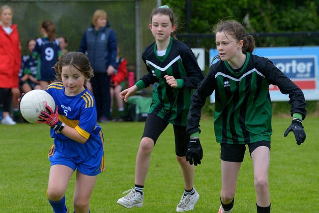 Action from St Therese’s against Greenhaw in the recent Steelstown Primary Schools Girls Cup, at Páirc Brid. DER2220GS-050 Picture by George Sweeney.