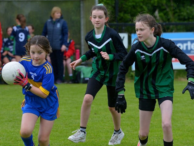 Action from St Therese’s against Greenhaw in the recent Steelstown Primary Schools Girls Cup, at Páirc Brid. DER2220GS-050 Picture by George Sweeney.