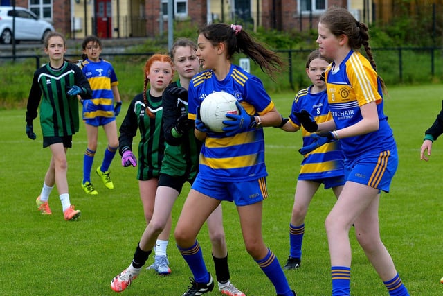 St Therese’s in action against Greenhaw in the recent Steelstown Primary Schools Girls Cup, at Páirc Brid. DER2220GS-051 Picture by George Sweeney.