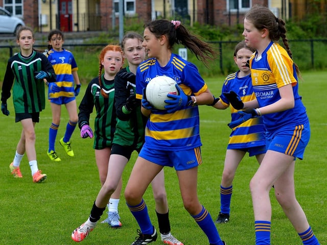 St Therese’s in action against Greenhaw in the recent Steelstown Primary Schools Girls Cup, at Páirc Brid. DER2220GS-051 Picture by George Sweeney.