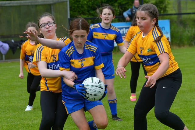 St Therese’s ‘purple’ played St Paul’s in the recent Steelstown Primary Schools Girls Cup, at Páirc Brid. DER2220GS-048 Picture by George Sweeney