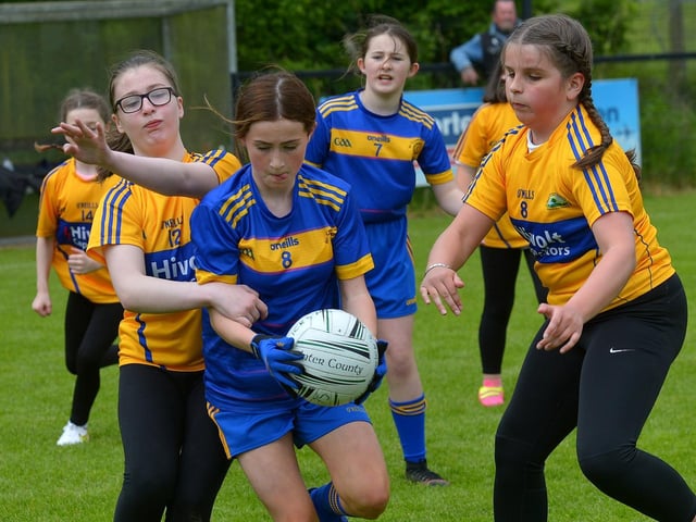 St Therese’s ‘purple’ played St Paul’s in the recent Steelstown Primary Schools Girls Cup, at Páirc Brid. DER2220GS-048 Picture by George Sweeney