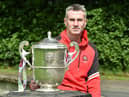 Derry senior football manager Rory Gallagher with the Anglo Celt Cup at last week's Ulster Championship Final press event.