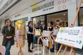 Derry City and Strabane District Council Mayor, Alderman Graham Warke who called into the RE:Imagine Pop Up Shop in Foyleside Shopping Centre to welcome three new designers to the venture. From left are, Alison Hancock, The Foxes Wedding, Siobhán Ní  Ghallchóir @stopg0_, Jill Hyndman Factory Ireland and Naz McNabb, Cub Kids Clothing. Included are Deirdre Williams, Business Development Manager, Fashion & Textile Design Centre and Leann Doherty, Marketing Officer, Derry City and Strabane District Council. Picture Martin McKeown. 