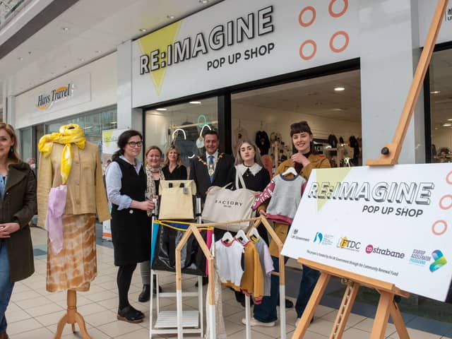 Derry City and Strabane District Council Mayor, Alderman Graham Warke who called into the RE:Imagine Pop Up Shop in Foyleside Shopping Centre to welcome three new designers to the venture. From left are, Alison Hancock, The Foxes Wedding, Siobhán Ní  Ghallchóir @stopg0_, Jill Hyndman Factory Ireland and Naz McNabb, Cub Kids Clothing. Included are Deirdre Williams, Business Development Manager, Fashion & Textile Design Centre and Leann Doherty, Marketing Officer, Derry City and Strabane District Council. Picture Martin McKeown. 