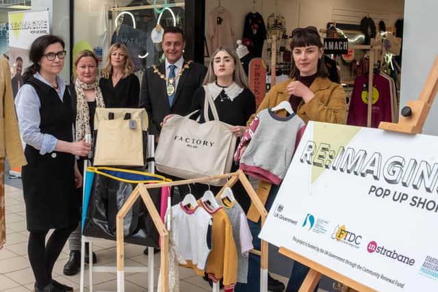 Derry City and Strabane District Council Mayor, Alderman Graham Warke who called into the RE:Imagine Pop Up Shop in Foyleside Shopping Centre to welcome three new designers to the venture. From left are, Alison Hancock, The Foxes Wedding, Siobhán Ní  Ghallchóir @stopg0_, Jill Hyndman Factory Ireland and Naz McNabb, Cub Kids Clothing. Included are Deirdre Williams, Business Development Manager, Fashion & Textile Design Centre and Leann Doherty, Marketing Officer, Derry City and Strabane District Council. Picture Martin McKeown. 