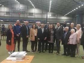 Gary Middleton at the count centre with DUP leader Sir Jeffrey Donaldson and supporters